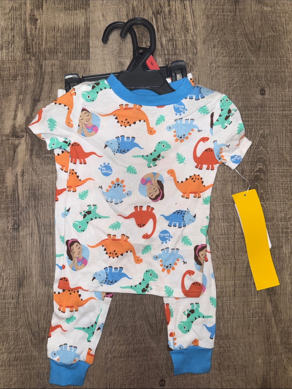 Kids White Dinosaur Pajama Matching Set with Blue Trim